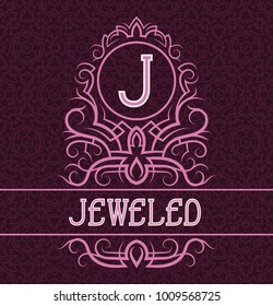 Vintage label design template for jeweled product. Vector monogram with text on patterned background.