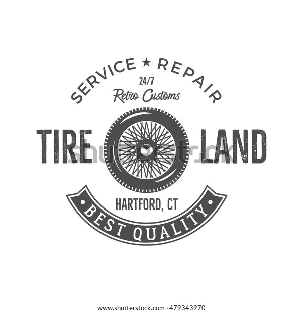 Vintage label design. Tire service emblem in\
monochrome retro style with vector old wheel and typography\
elements. Good for tee shirt design, prints, car service logo,\
repair station label, badge\
etc.