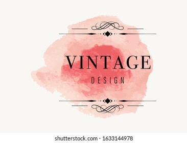 Vintage label design with watercolor brush painting. Label banner and badge red blots stains brush texture.