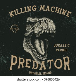 Vintage label with dinosaur with text-Predator. Angry head.Typography design for t-shirts.Vector illustration