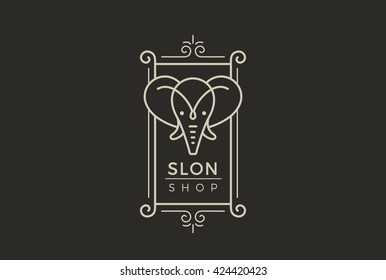 Vintage Label Elephant Logo design vector template linear style.
Ganesha Retro Frame Esoteric shop Logotype concept icon.