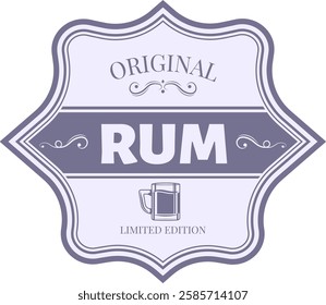 Vintage label featuring an original rum limited edition, showcasing an elegant glass symbol in a rich purple monochromatic design, perfect for premium alcohol packaging