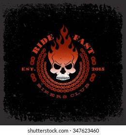 Vintage label with flaming skull and chain on grunge background for t-shirt print, poster, emblem. Vector illustration.