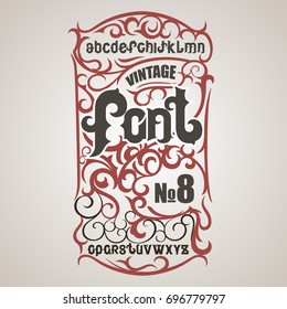 Vintage label font. Alcohol label style with vintage ornament.