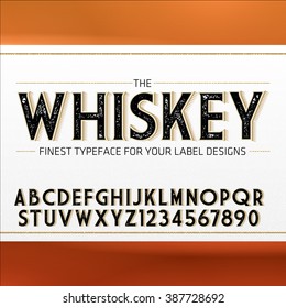 Vintage Label Font with decorative shadow. Retro whiskey fine label alphabet with decorative elements