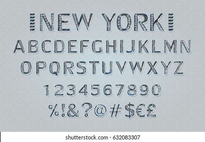 Vintage Label Font with decorative shadow. Retro alphabet with decorative elements