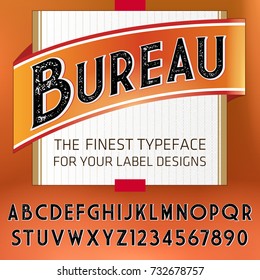 Vintage Label Font with decorative shadow. Retro whiskey fine label alphabet with decorative elements