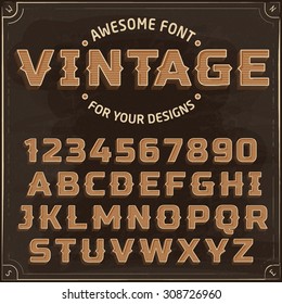 Vintage Label Font With Shadow. Retro 3D Alphabet With Decorative Elements