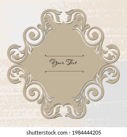 Vintage label frame art-deco vector image. Vector damask vintage baroque scroll ornament swirl. Victorian monogram heraldic shield swirl.Retro floral leaf pattern border foliage antique  acanthus.