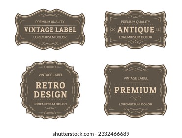 Vintage label, frame, retro tag set. Antique, Victorian, royal design template. Old card, sticker, classic badge or sign collection with decorative ornament. Vector illustration.