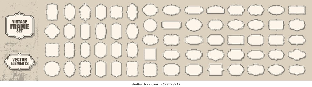 Vintage Label Frame Set. Ornamental Retro Borders, Blank Stickers, Luxury Wedding Badges, Decorative Tags and Frames Collection on Transparent Background