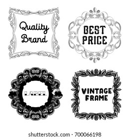 Vintage Label Frames Hand Drawn Set. Retro Decorative Design Elements. Vector illustration