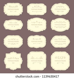 Vintage label frames. Old fashioned ornamental labels, fashion product victorian tag cardboard. Retro frame vector sticker designs template for generic product, wedding greeting card isolated icon set