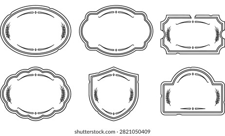 Vintage label frames set. Retro badge borders with wheat ears for product packaging design.