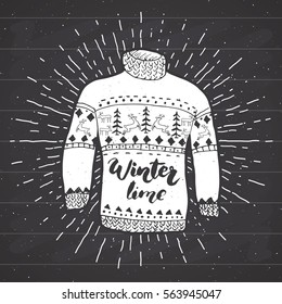 Vintage label, grunge textured Hand drawn retro badge or T-shirt typography design with reindeer sweater and lettering winter time vector illustration on chalkboard
