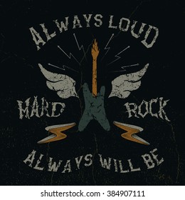 Vintage label. The guitar with wings and hard rock text .Grunge effect.Typography design for t-shirts 