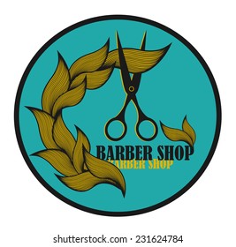 Vintage label for hairdresser and barber with scissors. Vector illustration.