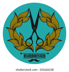 Vintage label for hairdresser and barber with scissors. Vector illustration.