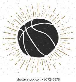 Vintage label, Hand drawn Basketball ball sketch, grunge textured retro badge, typography design t-shirt print, vector illustration.