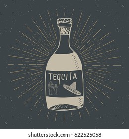 Vintage label  Hand drawn bottle tequila mexican traditional alcohol drink sketch  grunge textured retro badge  emblem design  typography t  shirt print  vector illustration 