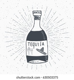 Vintage label  Hand drawn bottle tequila mexican traditional alcohol drink sketch  grunge textured retro badge  emblem design  typography t  shirt print  vector illustration 