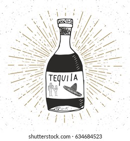 Vintage label, Hand drawn bottle of tequila mexican traditional alcohol drink sketch, grunge textured retro badge, emblem design, typography t-shirt print, vector illustration.