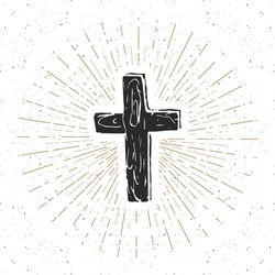 Vintage Label, Hand Drawn Christian Cross, Religious Sign, Crucifix Symbol Grunge Textured Retro Badge, Typography Design T-shirt Print, Vector Illustration