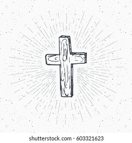 Vintage label, Hand drawn Christian cross, religious sign, crucifix symbol grunge textured retro badge, typography design t-shirt print, vector illustration