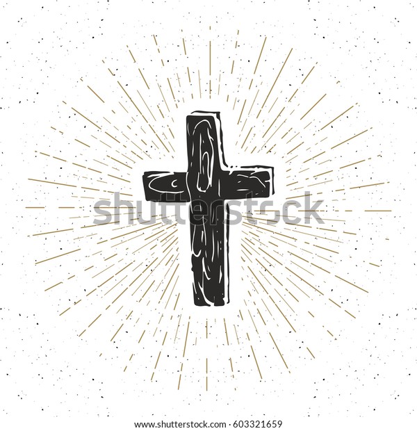 ビンテージラベル 手描きのキリスト教の十字架 宗教的な看板 十字架 のシンボルグランジテクスチャーのレトロなバッジ タイポグラフィデザインのtシャツ印刷 ベクターイラスト のベクター画像素材 ロイヤリティフリー
