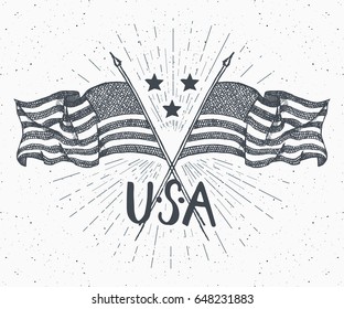 Vintage label, Hand drawn crossed USA flags, Happy Independence Day, fourth of july celebration, greeting card, grunge textured retro badge, typography design vector illustration.