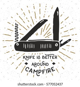 Vintage label, Hand drawn Multifunctional pocket knife, grunge textured hiking and camping equipment tool, retro badge or T-shirt typography design with sunrays, vector illustration