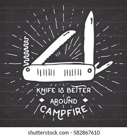 Vintage label, Hand drawn Multifunctional pocket knife, grunge textured hiking and camping equipment tool, retro badge or T-shirt typography design with sunrays, vector illustration on chalkboard
