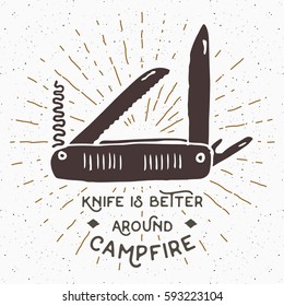 Vintage label, Hand drawn Multifunctional pocket knife, grunge textured hiking and camping equipment tool, retro badge or T-shirt typography design with sunrays, vector illustration