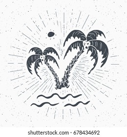 Vintage label, Hand drawn palm trees, grunge textured retro badge template, typography design vector illustration.