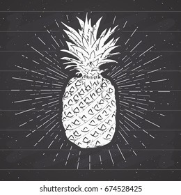 Vintage label, Hand drawn pineapple, grunge textured retro badge template, typography design vector illustration on chalkboard background.