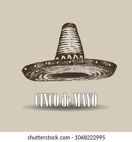 Vintage label, Hand drawn sombrero mexican traditional hat sketch, grunge textured retro badge, emblem design, typography t-shirt print, vector illustration.