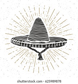 Vintage label, Hand drawn sombrero mexican traditional hat sketch, grunge textured retro badge, emblem design, typography t-shirt print, vector illustration.