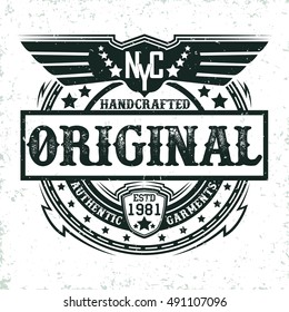 vintage label of  handcrafted garments, Tee shirt print design, vector