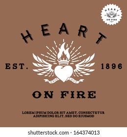 vintage label with heart, crown, fire(T-Shirt Print)