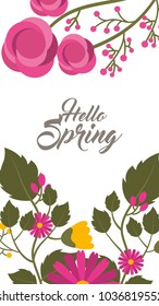 vintage label hello spring greeting card floral decoration white background