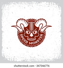 Vintage label with horned skull and chain on grunge background for t-shirt print, poster, emblem. Vector illustration.