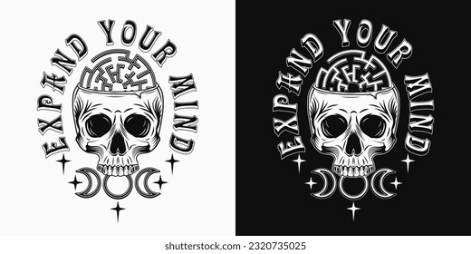 Vintage label with human skull like cup, labyrinth, stars, tripple goddes sign, text. Concept of sacred spirit, magic, expanded mind, psychic abilities. Mystical surreal illustration
