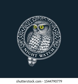 Vintage label with ink hand drawn owl and flourish round frame. Vector illustration.