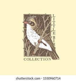 Vintage label with ink hand drawn bird sitting on a branch. Vector illustration.