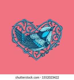 Vintage Label With Ink Hand Drawn Bird Sitting On Flourish Heart. Vector Illustration.