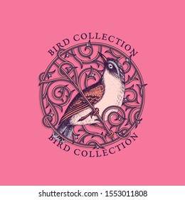 Vintage label with ink hand drawn bird sitting on round flourish frame. Vector illustration.