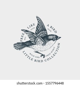 Vintage label with ink hand drawn flying bird. Vector illustration.