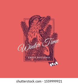 Vintage label with ink hand drawn thrush sitting on a coniferous branch. Vector illustration.