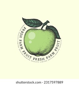 Vintage label with ink hand drawn sketch of apple. Vector illustration.