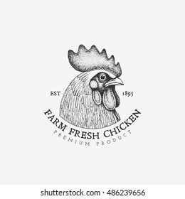 Vintage label with ink hand drawn sketch of rooster's head. Vector illustration.